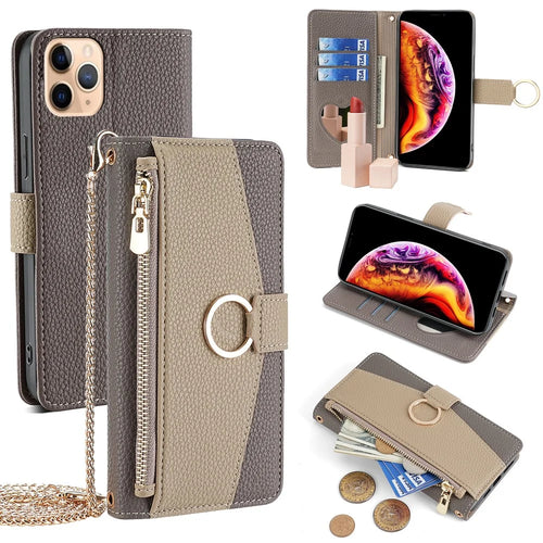 For iPhone 11 Pro Max Case PU Leather Phone Stand Cover Card Bag with Chain Strap - Grey - 1