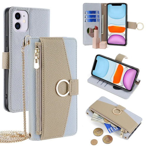 For iPhone 11 Wallet Case PU Leather Phone Cover Card Bag Stand with Shoulder Strap - Blue - 1