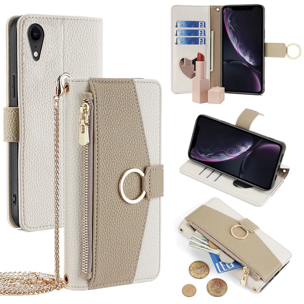 For iPhone XR Case PU Leather Phone Cover Wallet Makeup Mirror with Shoulder Strap - White - 1