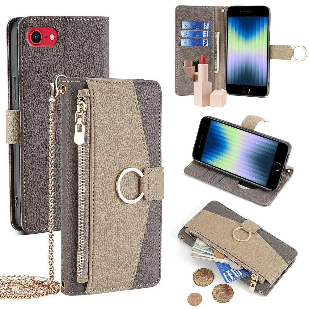 For iPhone 7  /  8  /  SE (2022)  /  SE (2020) Case PU Leather Zipper Wallet Phone Bag Cover Stand - Grey - 1