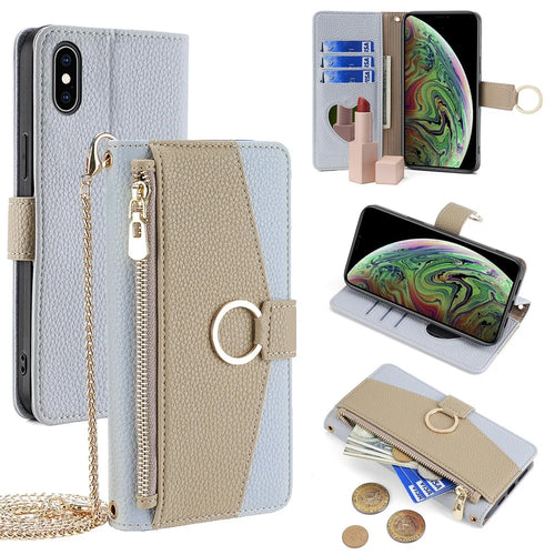 For iPhone XS Max Leather Case Wallet Phone Bag Cover Stand with Chain Strap - Grey - Blue - 1