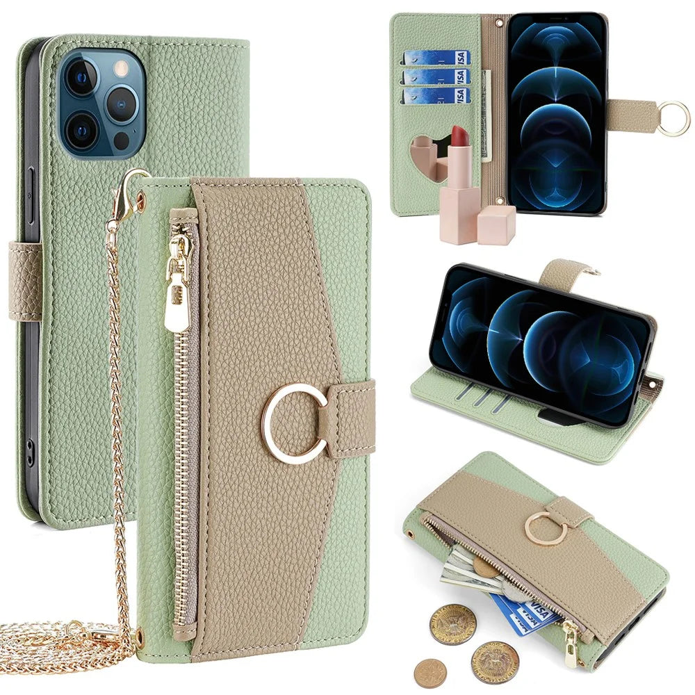 For iPhone 12 Pro Max Case Multi-functional PU Leather Wallet Phone Bag Cover with Chain Strap - Green - 1