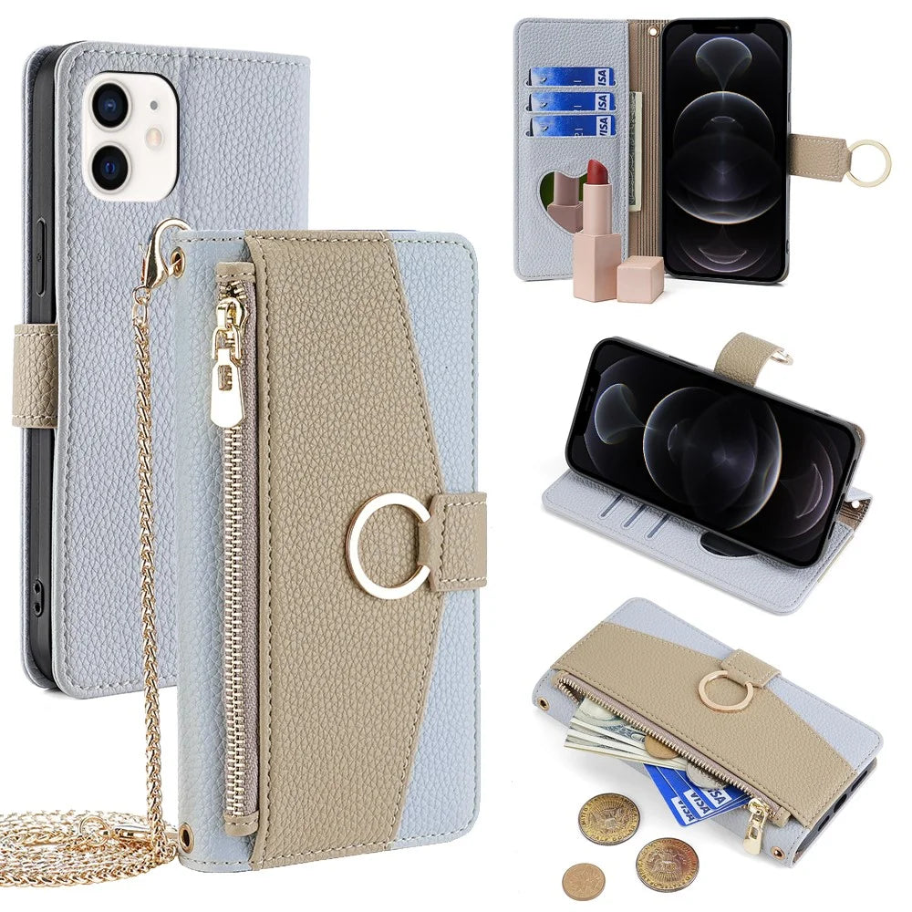For iPhone 12  /  12 Pro Case Stand with Strap PU Leather Wallet Phone Cover Card Holder - Blue - 1