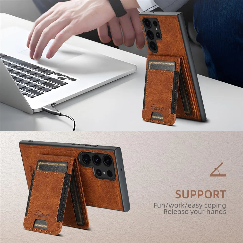 SUTENI H17 For Samsung Galaxy S24 Ultra Case Magnetic Litchi Texture Detachable Card Slots Phone Shell - Khaki - 5