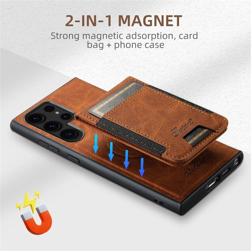 SUTENI H17 For Samsung Galaxy S24 Ultra Case Magnetic Litchi Texture Detachable Card Slots Phone Shell - Khaki - 6