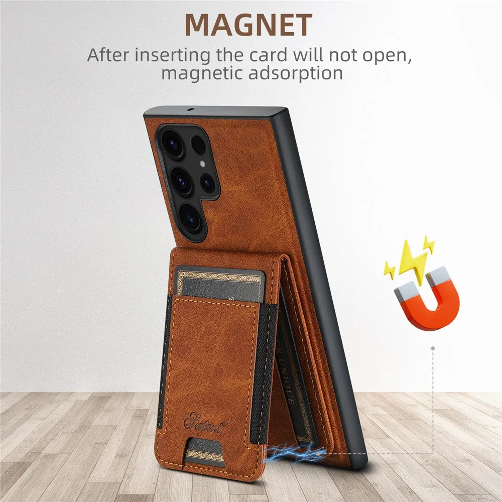 SUTENI H17 For Samsung Galaxy S24 Ultra Case Magnetic Litchi Texture Detachable Card Slots Phone Shell - Khaki - 7