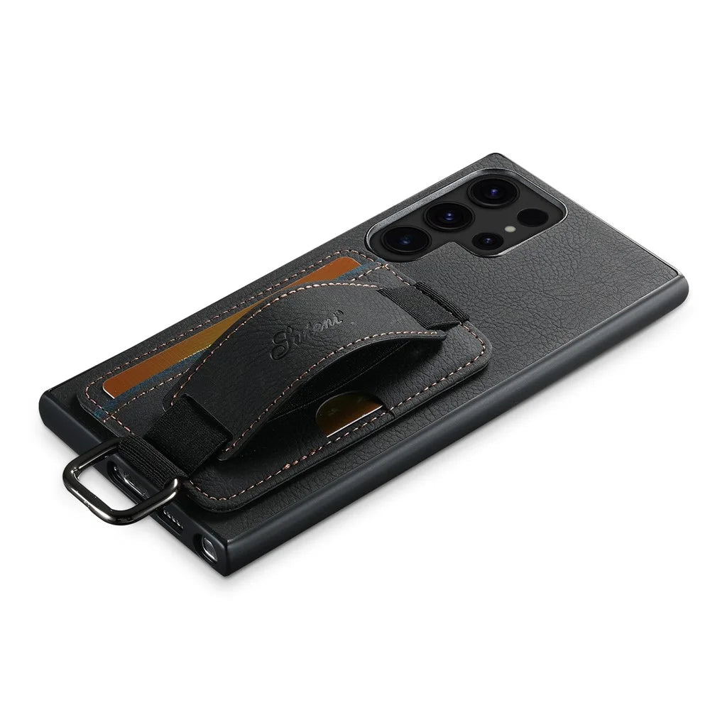 SUTENI H13 For Samsung Galaxy S24 Ultra Case Litchi Texture Phone Cover with Kickstand Card Holder - Black - 3