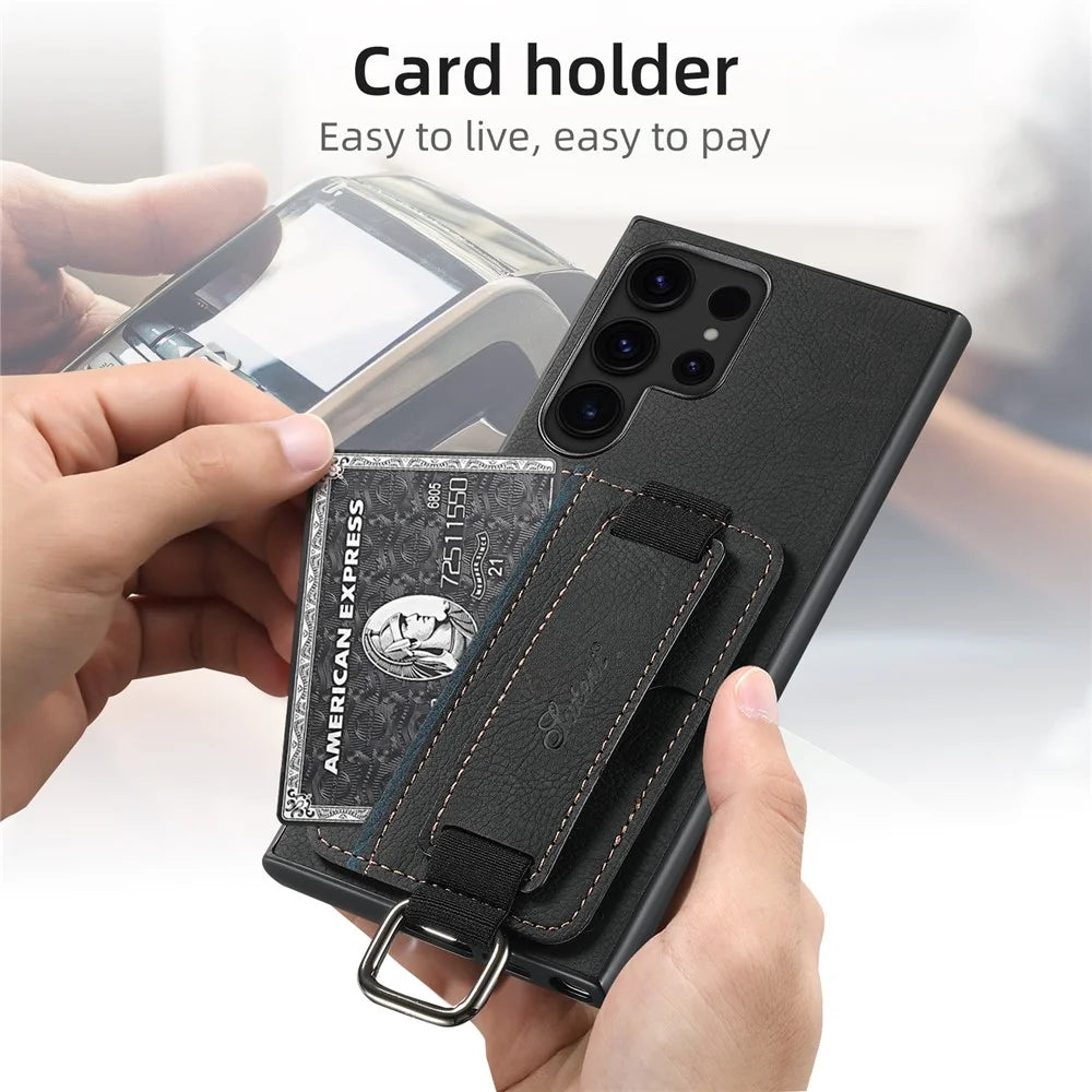 SUTENI H13 For Samsung Galaxy S24 Ultra Case Litchi Texture Phone Cover with Kickstand Card Holder - Black - 7