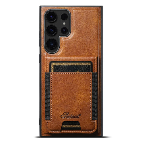 SUTENI H17 For Samsung Galaxy S24 Ultra Magnetic Case Waxy Texture Detachable Card Holder Phone Cover - Brown - 1