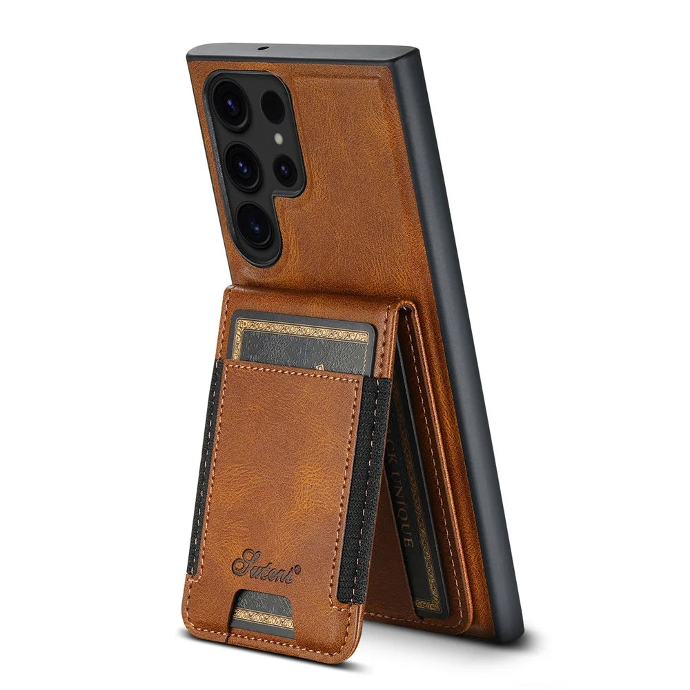 SUTENI H17 For Samsung Galaxy S24 Ultra Magnetic Case Waxy Texture Detachable Card Holder Phone Cover - Brown - 2