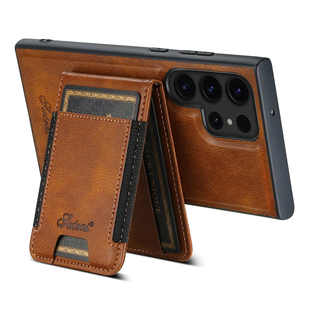 SUTENI H17 For Samsung Galaxy S24 Ultra Magnetic Case Waxy Texture Detachable Card Holder Phone Cover - Brown - 3