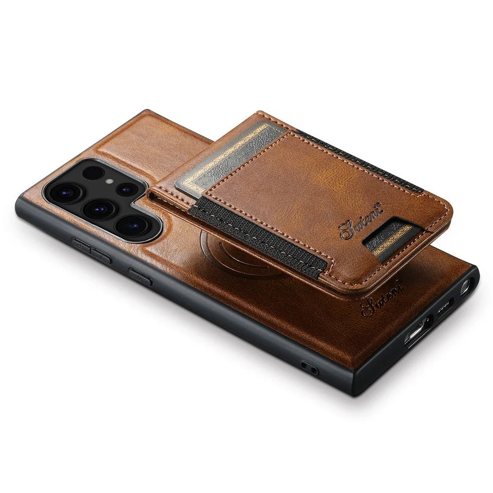 SUTENI H17 For Samsung Galaxy S24 Ultra Magnetic Case Waxy Texture Detachable Card Holder Phone Cover - Brown - 4