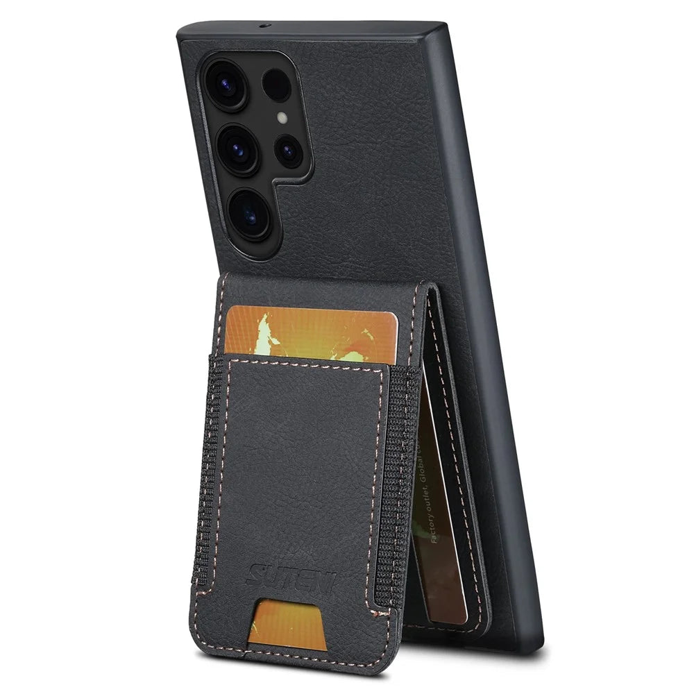 SUTENI H03 For Samsung Galaxy S24 Ultra Case Litchi Texture Kickstand Phone Shell - Black - 3