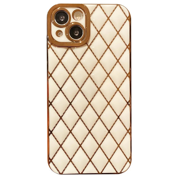 For iPhone 15 Case Rhombus Pattern 6D Electroplated Protective Back Shell - White - 1