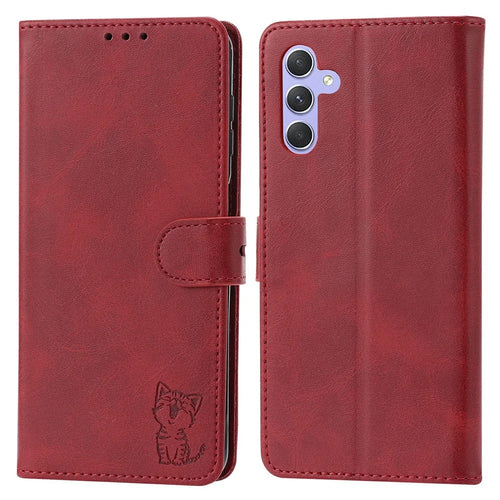 For Samsung Galaxy A15 4G / A15 5G Wallet Case Happy Cat Pattern Imprinted Phone Cover - Red - 1