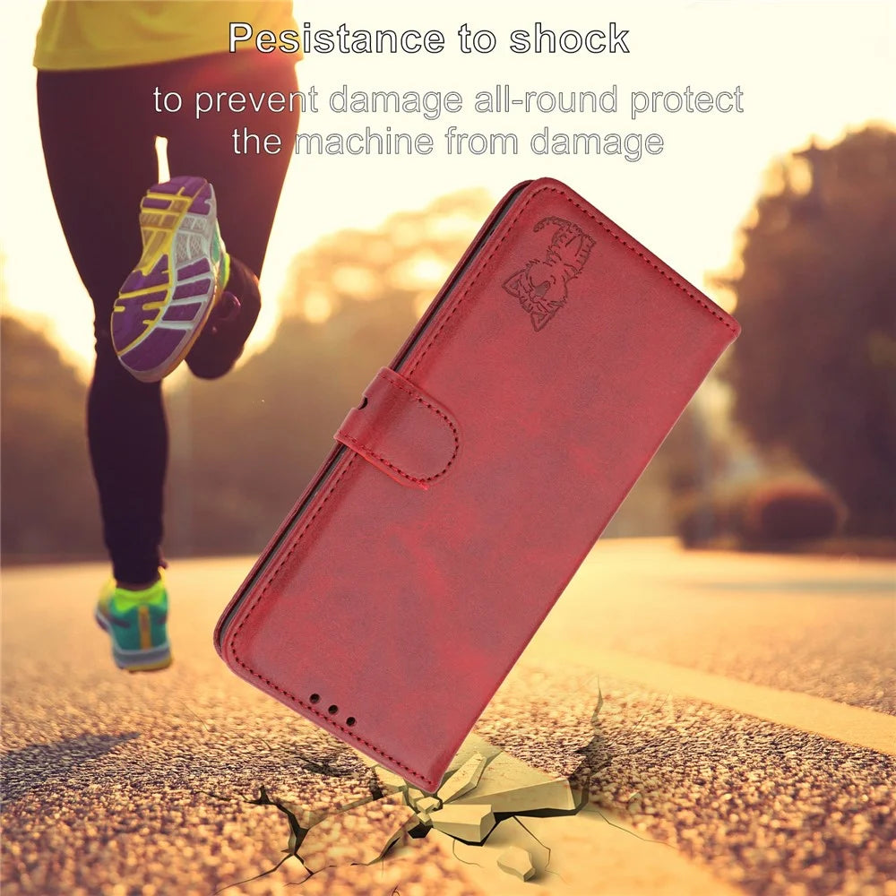 For Samsung Galaxy A15 4G / A15 5G Wallet Case Happy Cat Pattern Imprinted Phone Cover - Red - 4