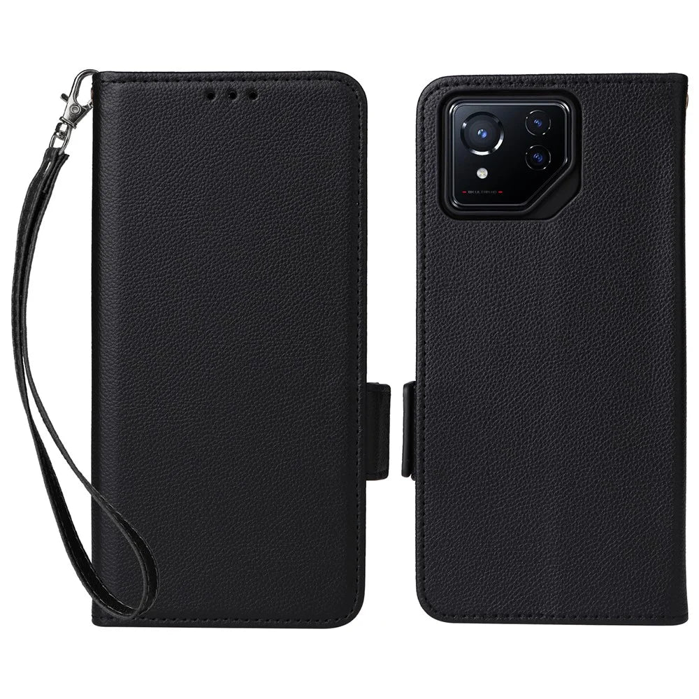 For Asus ROG Phone 8 5G / ROG Phone 8 Pro 5G Case with Wrist Strap Litchi Texture PU Leather Wallet Phone Cover - Black - 1