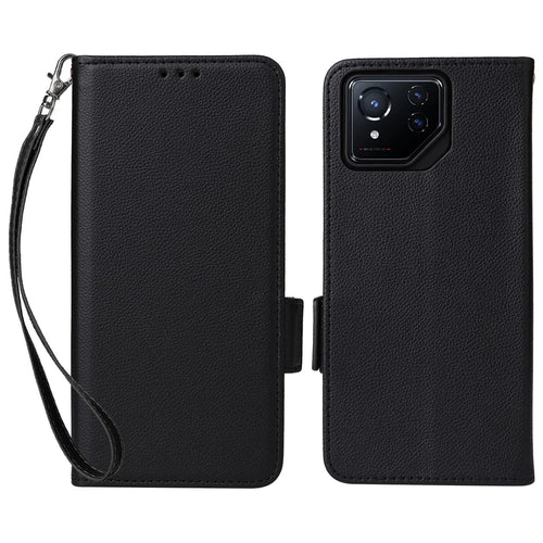 For Asus ROG Phone 8 5G / ROG Phone 8 Pro 5G Case with Wrist Strap Litchi Texture PU Leather Wallet Phone Cover - Black - 1