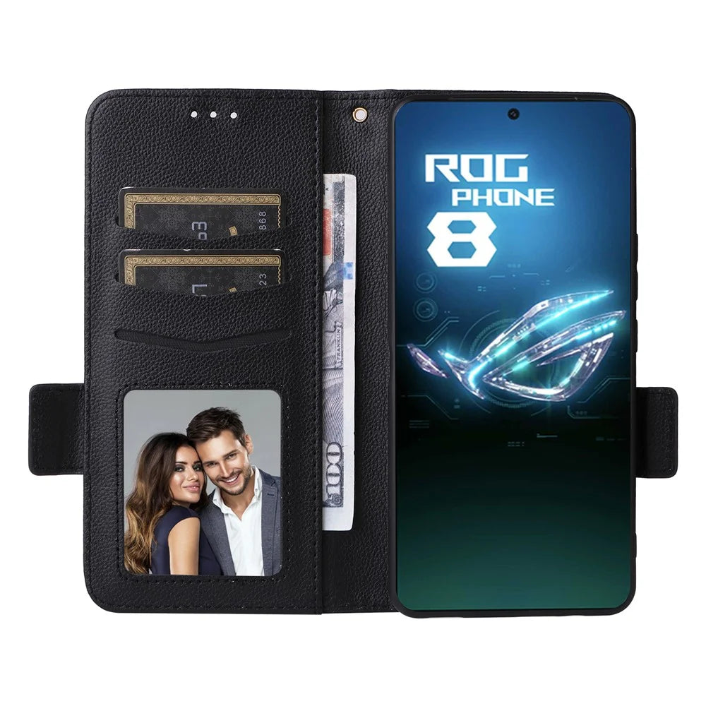 For Asus ROG Phone 8 5G / ROG Phone 8 Pro 5G Case with Wrist Strap Litchi Texture PU Leather Wallet Phone Cover - Black - 2