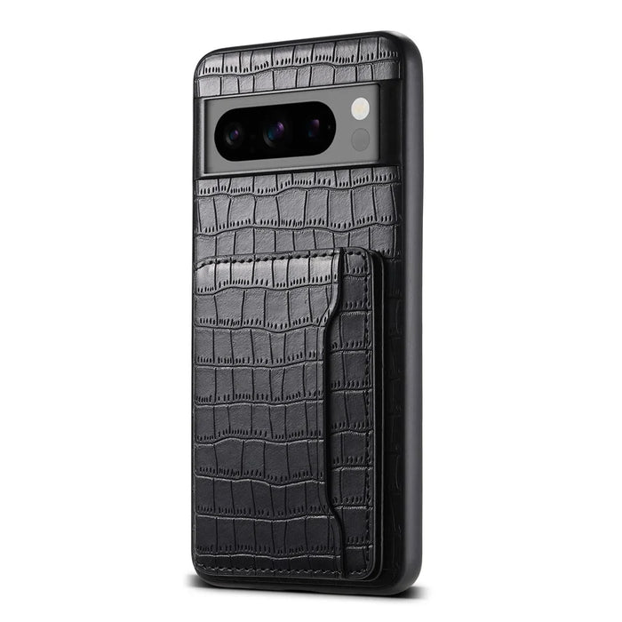 For Google Pixel 8 Pro Kickstand Case Card Holder Phone Cover Crocodile Texture - Black - 1