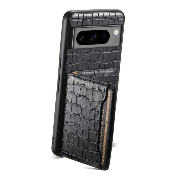 For Google Pixel 8 Pro Kickstand Case Card Holder Phone Cover Crocodile Texture - Black - 2