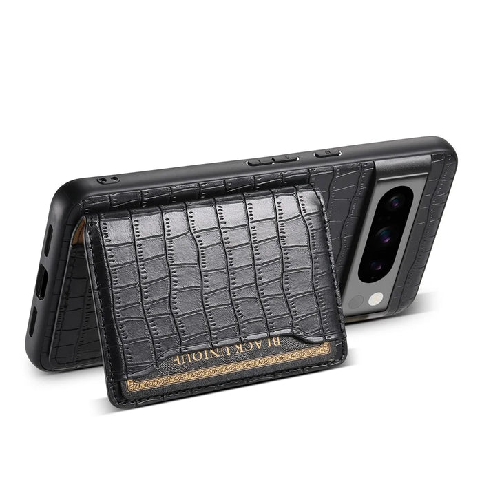 For Google Pixel 8 Pro Kickstand Case Card Holder Phone Cover Crocodile Texture - Black - 3