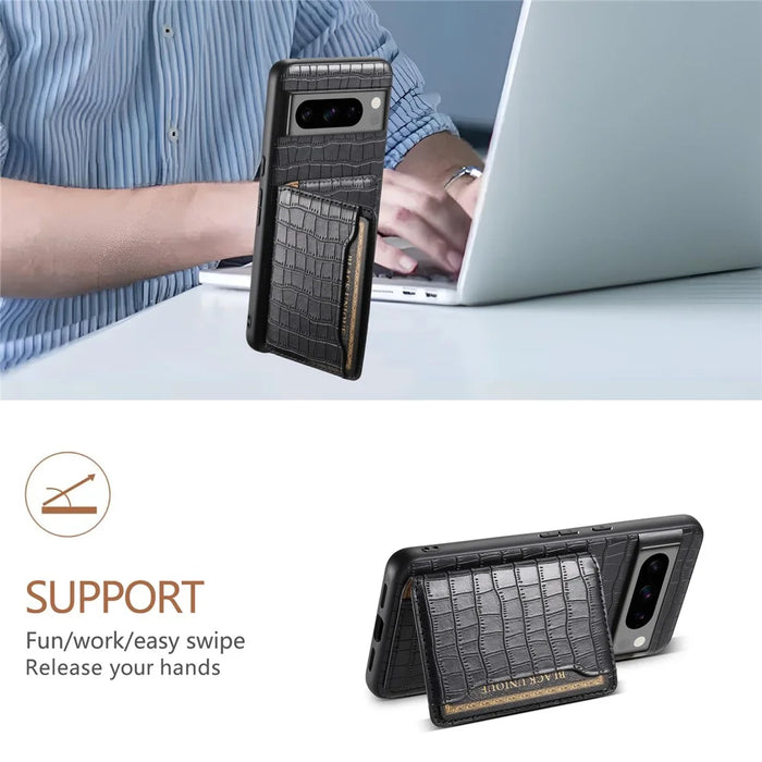 For Google Pixel 8 Pro Kickstand Case Card Holder Phone Cover Crocodile Texture - Black - 5