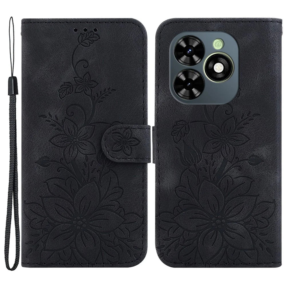 For Infinix Smart 8 4G / Smart 8 HD 4G / Hot 40i PU Leather Phone Case Imprinted Flower Wallet Cover - Black - 1