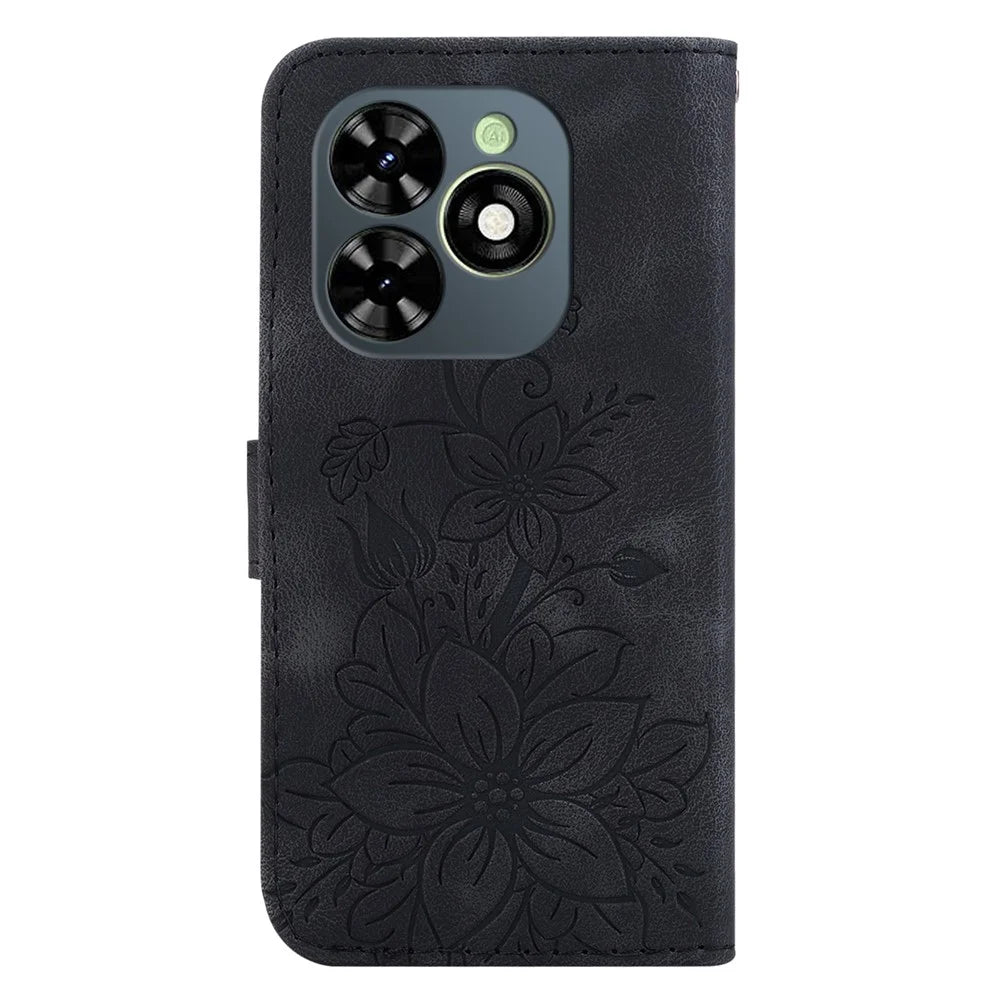 For Infinix Smart 8 4G / Smart 8 HD 4G / Hot 40i PU Leather Phone Case Imprinted Flower Wallet Cover - Black - 7