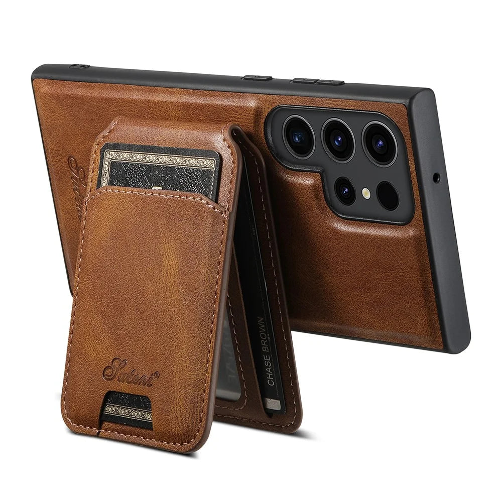 SUTENI H15 For Samsung Galaxy S24 Ultra Magnetic Case Detachable Card Holder Phone Cover - Brown - 3