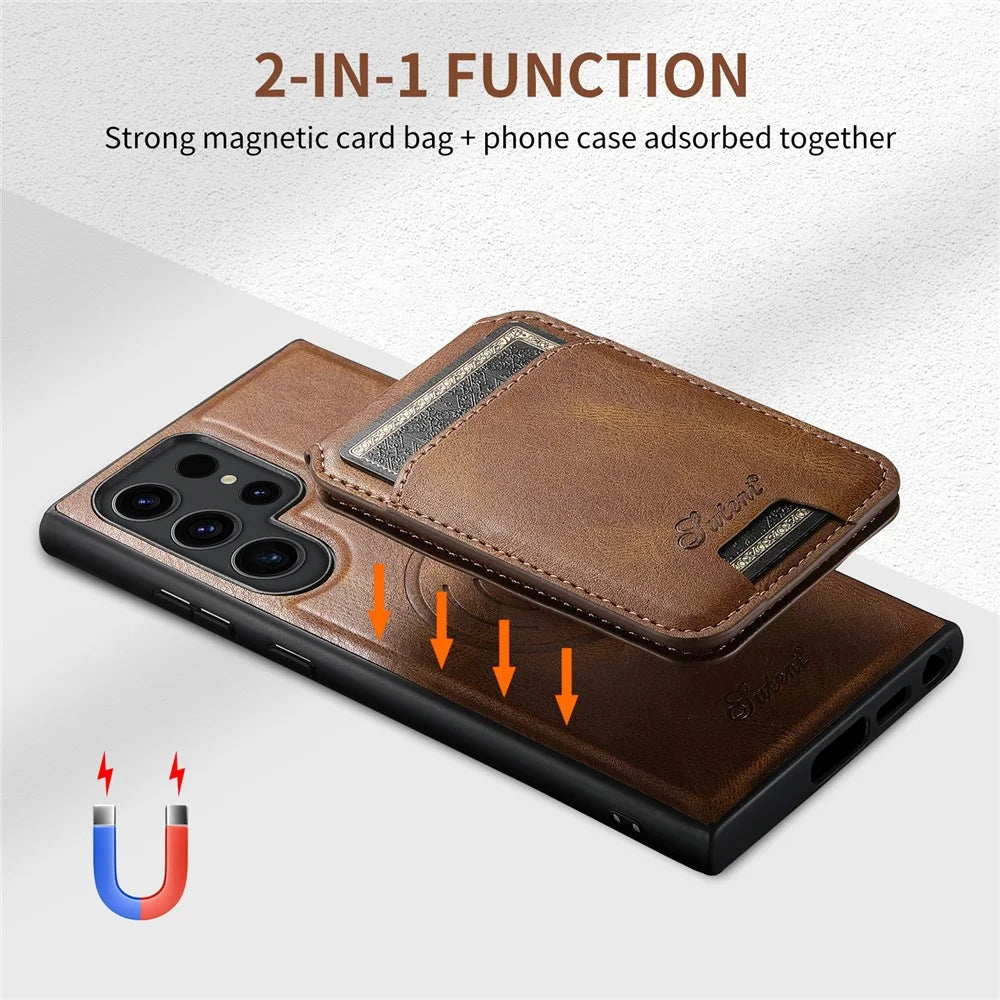 SUTENI H15 For Samsung Galaxy S24 Ultra Magnetic Case Detachable Card Holder Phone Cover - Brown - 5