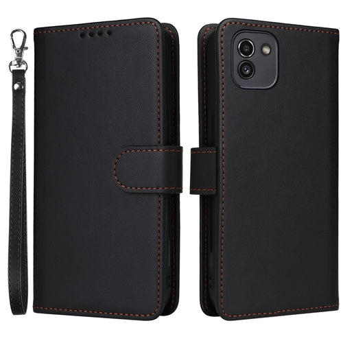 For Samsung Galaxy A03 (164.2mm) Magnetic Case BETOPNICE Detachable PU Leather Phone Cover with Strap - Black - 1