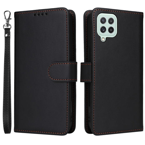 For Samsung Galaxy A22 4G (EU) / M22 / F22 / M32 (Global) 4G Magnetic Case BETOPNICE Detachable PU Leather Phone Cover with Strap - Black - 1