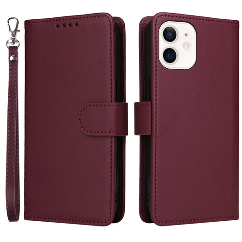 For iPhone 12 mini Magnetic Case BETOPNICE Detachable PU Leather Phone Cover with Strap - Wine Red - 1