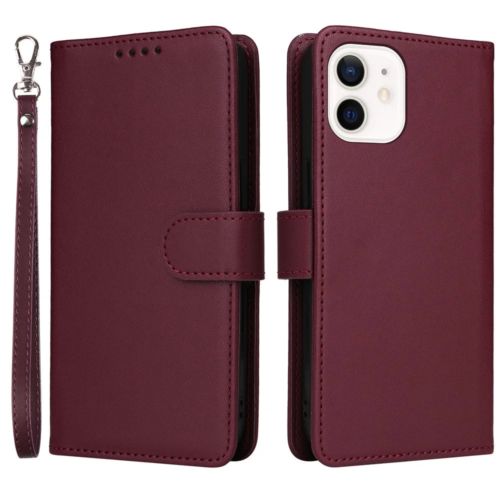 For iPhone 12 mini Magnetic Case BETOPNICE Detachable PU Leather Phone Cover with Strap - Wine Red - 1