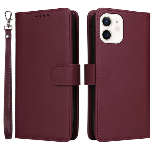For iPhone 12 mini Magnetic Case BETOPNICE Detachable PU Leather Phone Cover with Strap - Wine Red - 1
