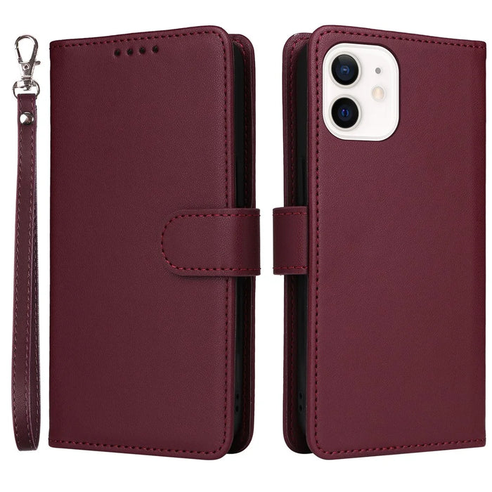 For iPhone 12 mini Magnetic Case BETOPNICE Detachable PU Leather Phone Cover with Strap - Wine Red - 1