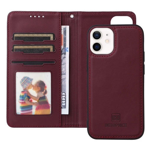 For iPhone 12 mini Magnetic Case BETOPNICE Detachable PU Leather Phone Cover with Strap - Wine Red - 2