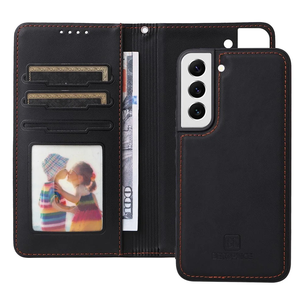 For Samsung Galaxy S22 5G Magnetic Case BETOPNICE Detachable PU Leather Phone Cover with Strap - Black - 2