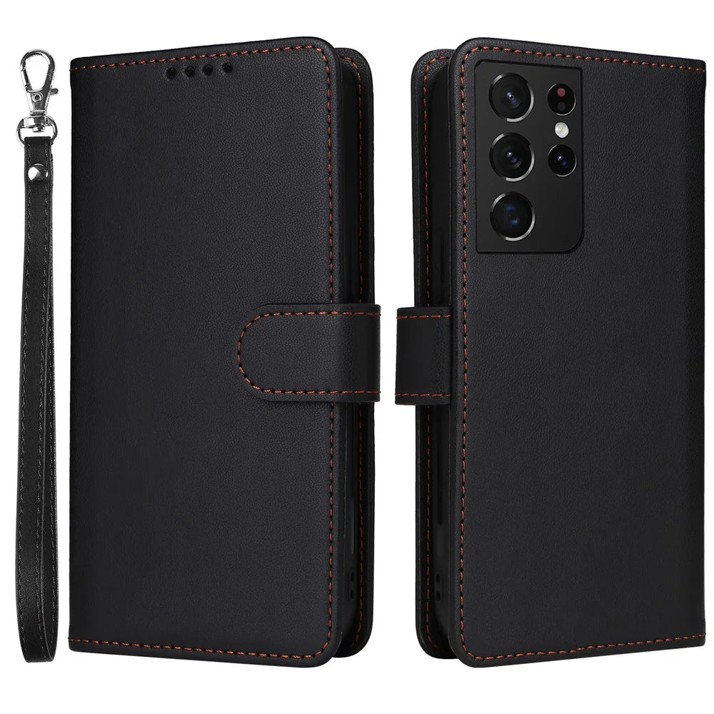 For Samsung Galaxy S21 Ultra 5G Magnetic Case BETOPNICE Detachable PU Leather Phone Cover with Strap - Black - 1