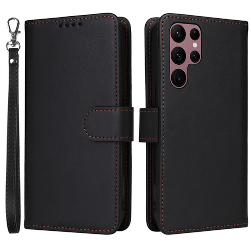 For Samsung Galaxy S22 Ultra 5G Magnetic Case BETOPNICE Detachable PU Leather Phone Cover with Strap - Black - 1
