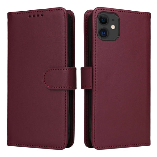 For iPhone 11 Magnetic Case BETOPNICE Detachable PU Leather Phone Cover with Strap - Wine Red - 1
