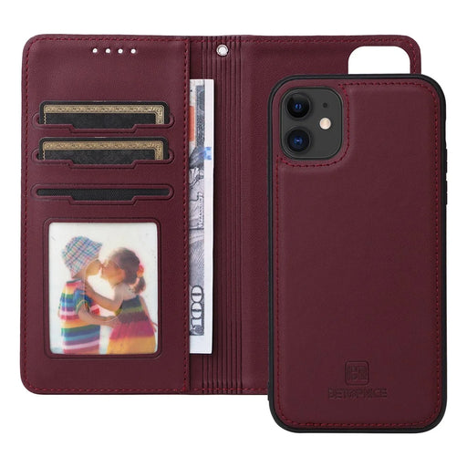 For iPhone 11 Magnetic Case BETOPNICE Detachable PU Leather Phone Cover with Strap - Wine Red - 2