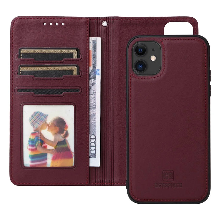 For iPhone 11 Magnetic Case BETOPNICE Detachable PU Leather Phone Cover with Strap - Wine Red - 2