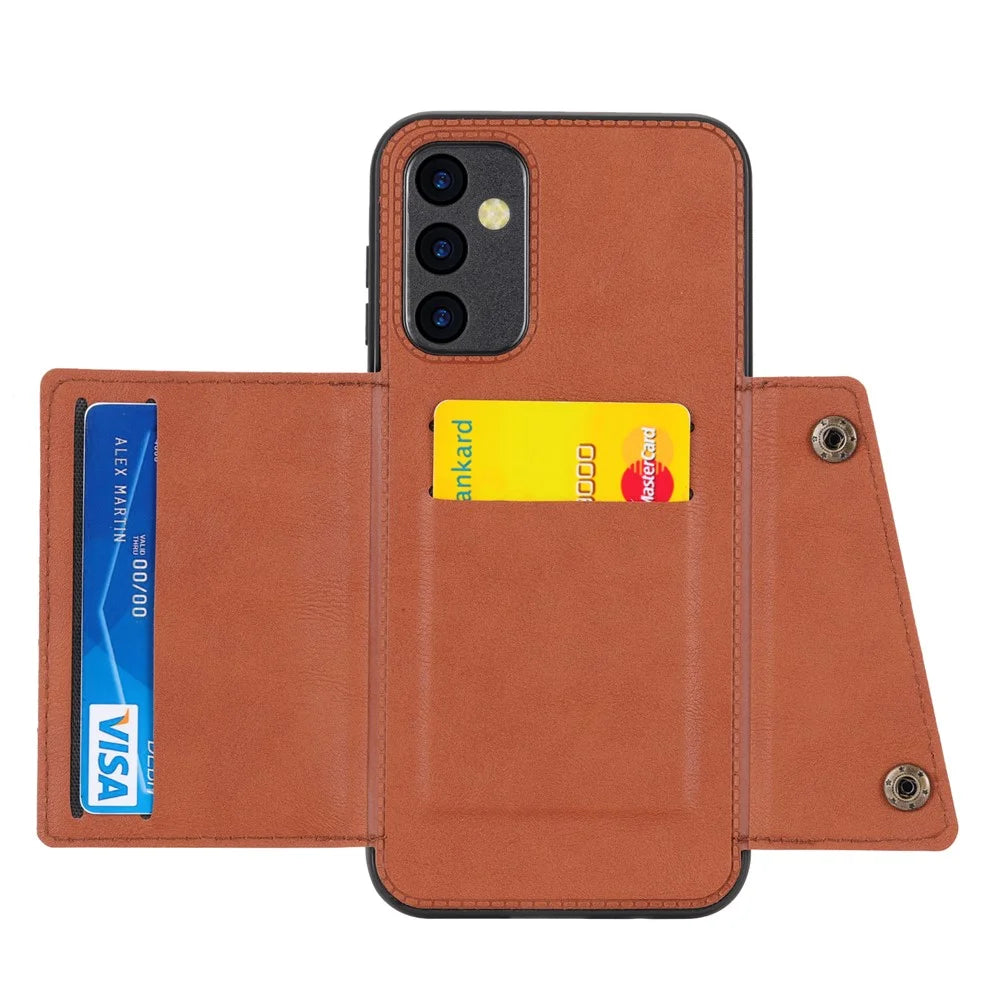 For Samsung Galaxy A55 5G Cover Card Slots Magnetic Buttons PU Leather + TPU Phone Kickstand Case - Light Brown - 2
