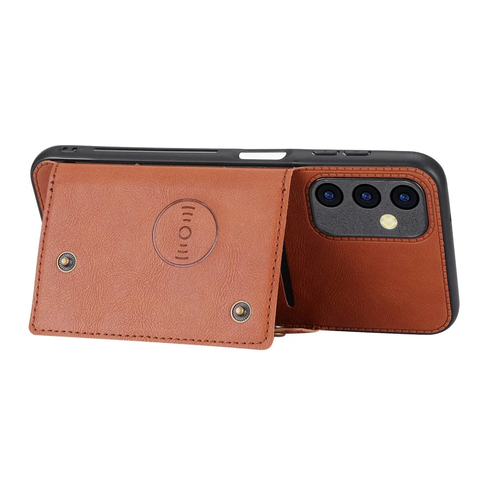 For Samsung Galaxy A55 5G Cover Card Slots Magnetic Buttons PU Leather + TPU Phone Kickstand Case - Light Brown - 3