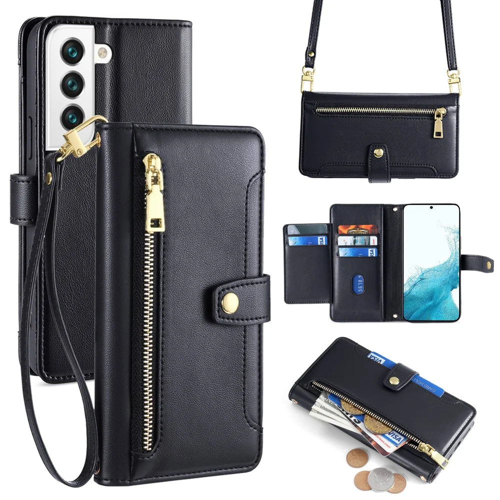 For Samsung Galaxy S22 5G Case Zipper Pocket Leather Phone Drop Protection Cover with 2 Straps - Black - 1