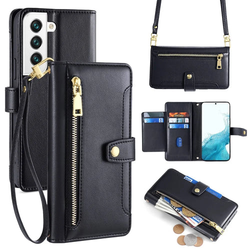For Samsung Galaxy S22 5G Case Zipper Pocket Leather Phone Drop Protection Cover with 2 Straps - Black - 1