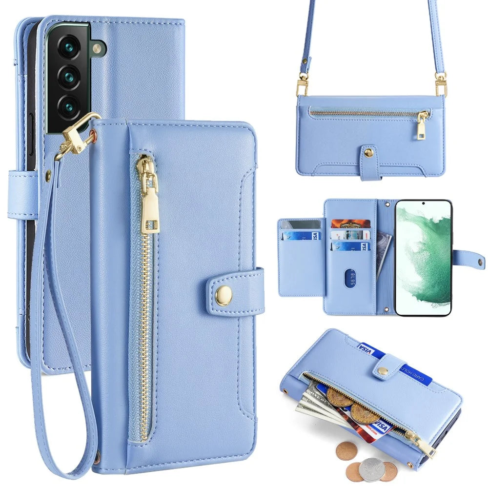 For Samsung Galaxy S22+ 5G Cell Phone Case Zipper Pocket Anti-fall Leather Wallet Cover - Blue - 1