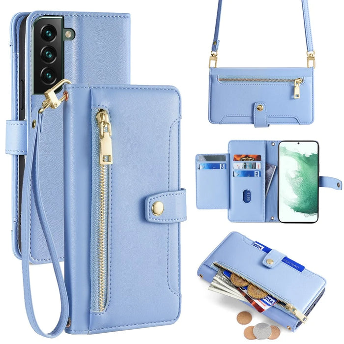 For Samsung Galaxy S22+ 5G Cell Phone Case Zipper Pocket Anti-fall Leather Wallet Cover - Blue - 1